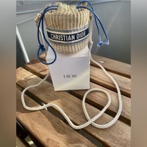 Dior Straw Drawstring Mini Pouch or Mini Bucket Bag in Cream and Blue NWB GWP